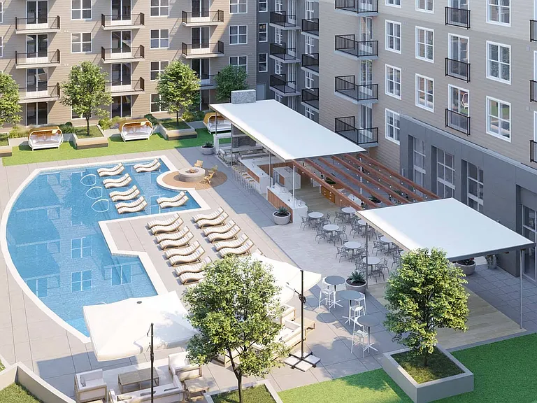 Resort style pool and terrace with cabanas, pool bar, and lounge