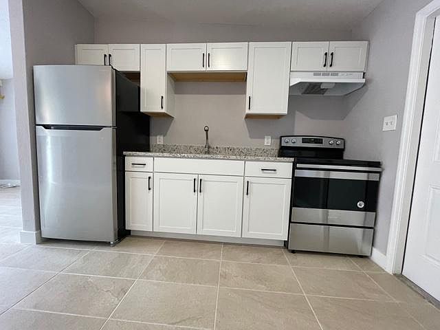 New cabinets, stainless appliances, granite counters.