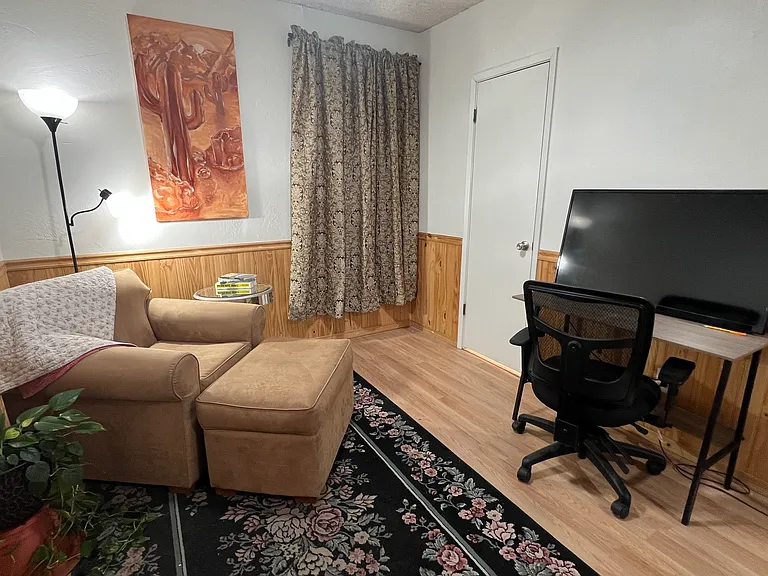 Reading nook, tv and workstation. Door is the bathroom.