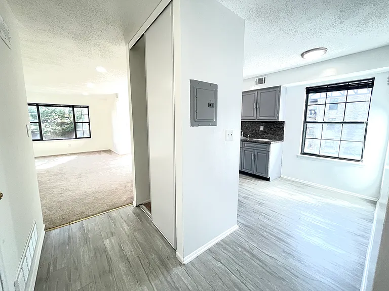 Hallway with plank flooring, view into the eat-in kitchen & living area - tons of natural light in this corner unit!