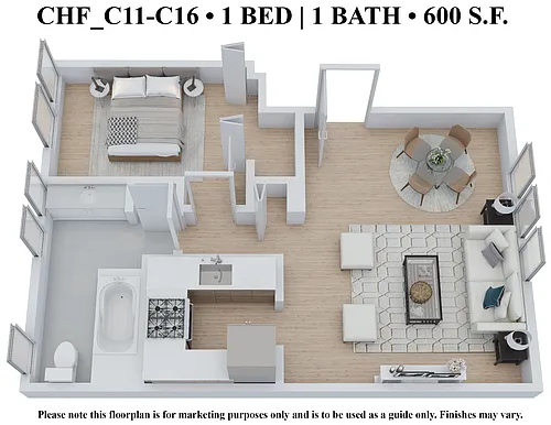 Floor plan One Bedroom One Bath - CHF600