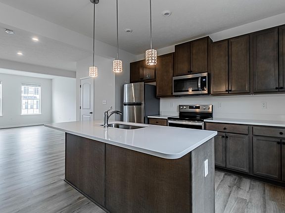 Stainless steel appliances and quartz countertops