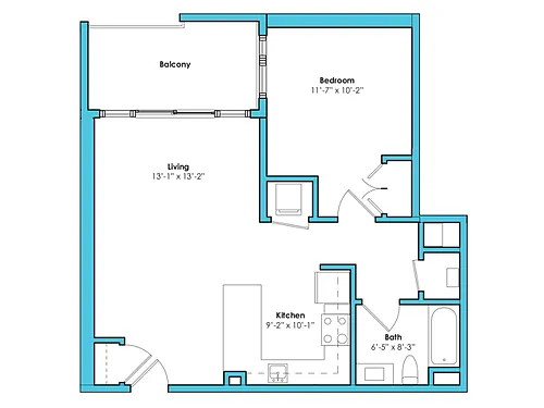 Floor plan One Bedroom One Bath (709 SF)