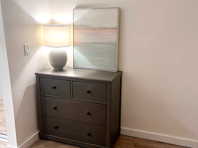 Mater bedroom comes with 4 drawer dresser, lamp, and art work.