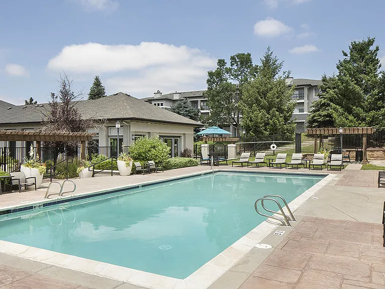 Apartment community resort style pool at Sagebrook in Colorado Springs, Colorado. .