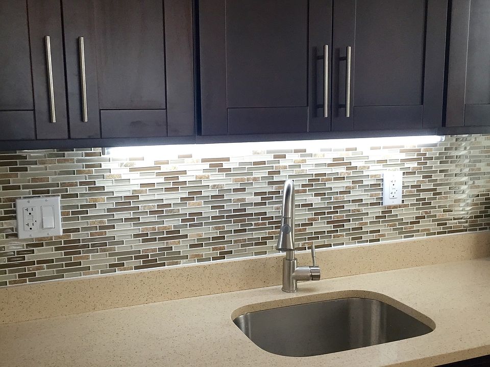 Close up of kitchen, under cabinet lights