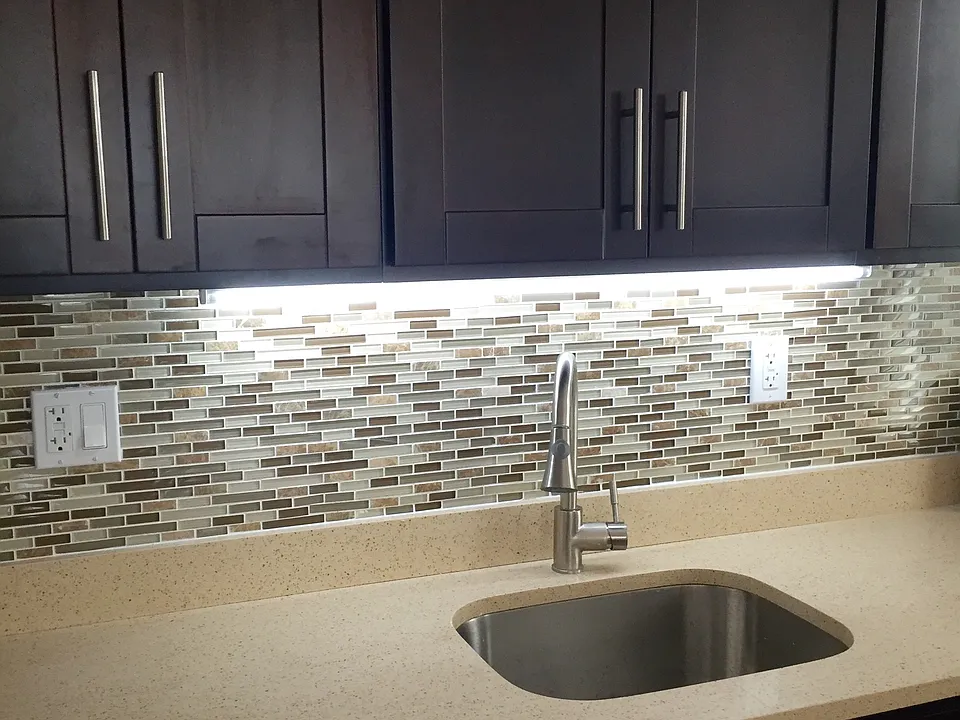 Close up of kitchen, under cabinet lights