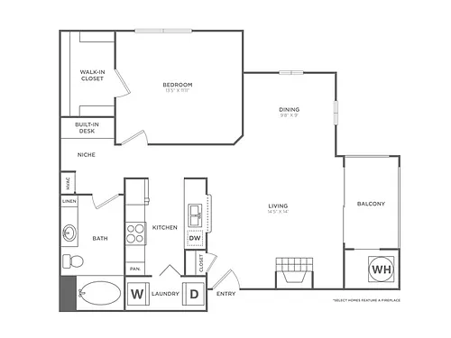 Floor plan One Bedroom One Bath (850 SF)
