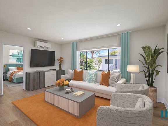 Living Room with Large-Size Windows, Vinyl Flooring, and Recessed Lighting