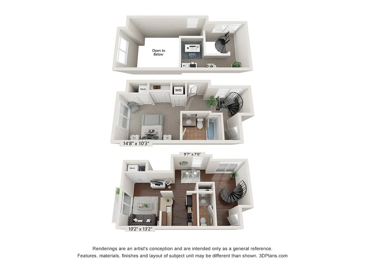 Floor plan One Bedroom Loft (tri-level)