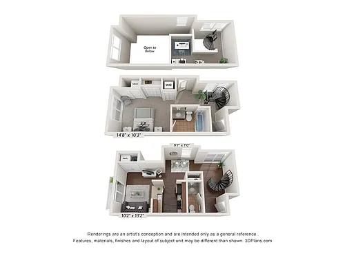 Floor plan One Bedroom Loft (tri-level)