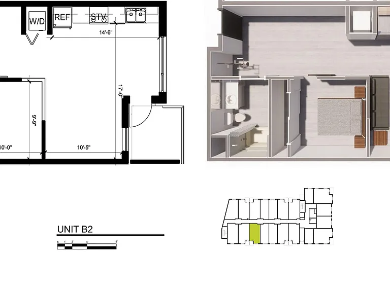 One-Bedroom, One-Bathroom 2D/3D Floor Plan - 1x1AE One-Bedroom, One-Bathroom 2D/3D Floor Plan - 1x1AE