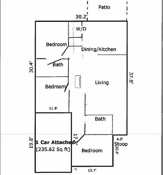 Layout of the single family home. Fireplace is actually on the Livingroom wall, not in the hallway.