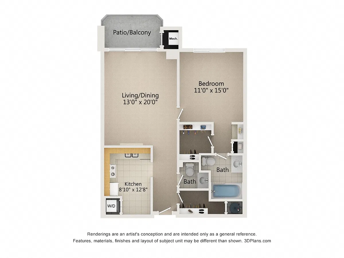 Floor plan 1 Bedroom 1.5 Bath Type A
