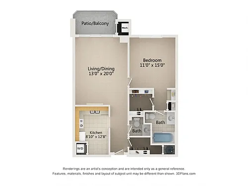 Floor plan 1 Bedroom 1.5 Bath Type A