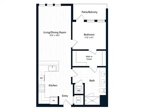 Floor plan One Bedroom One Bath (715 SF)