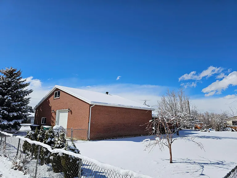 Picture of the back yard and view of the back of garage.