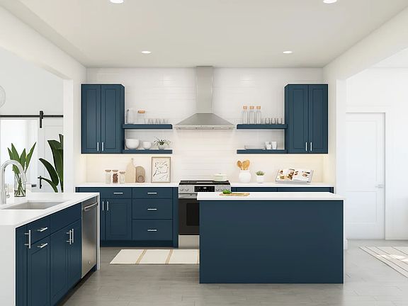 Kitchen with floating shelves and stainless steel appliances