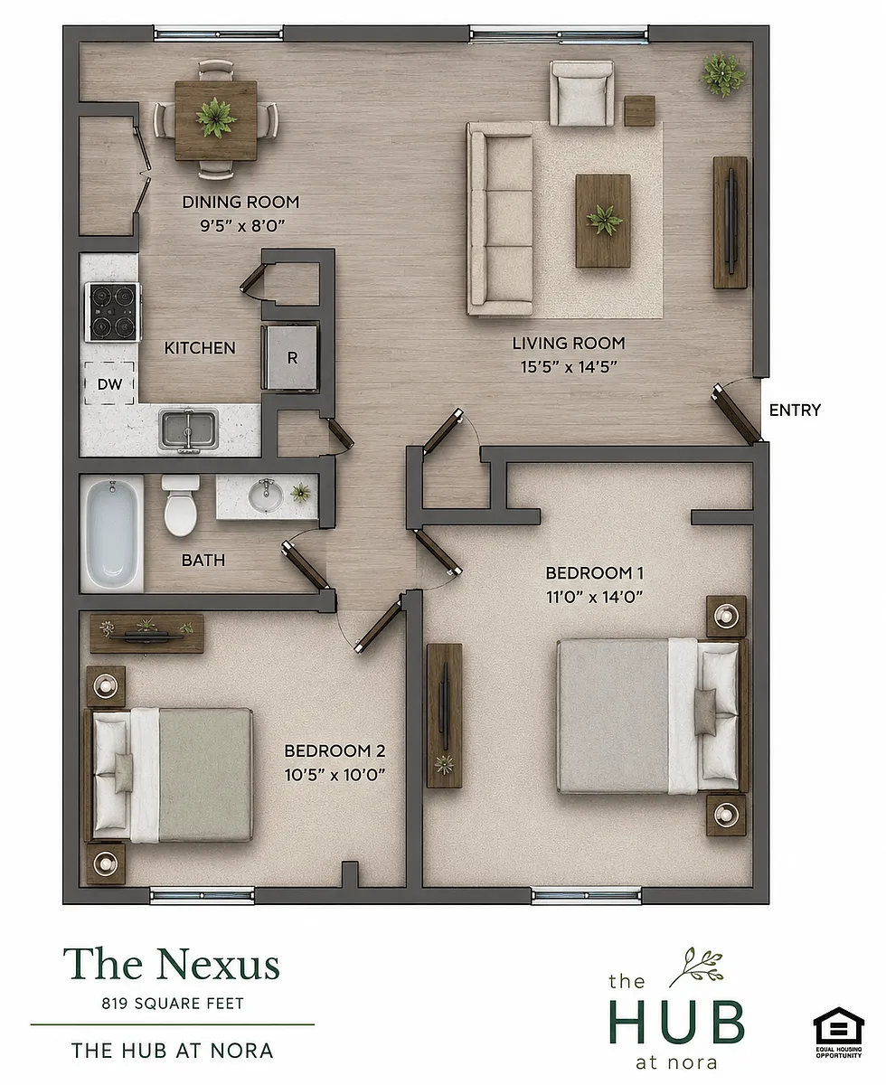 Floor plan Two Bedroom One Bath - The Nexus