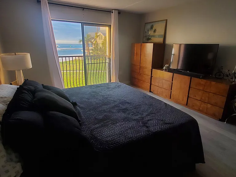 Primary bedroom with king size bed, 65' smart TV, walk in closet and private bathroom