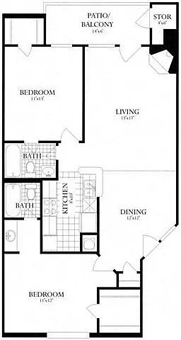 Floor plan 2 Bed, 2 Bath 978 SF 22B