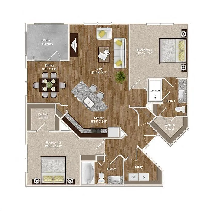Floor plan B3 - 2Bed/2Bath - Kitchen Island/Dining Area/Balco