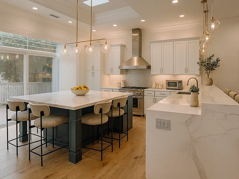Remodeled kitchen with Rejuvenation pendant lighting, large island with space for 6 stools, Viking oven, 60" double door refrigerator freezer, wine fridge and modern amenities.