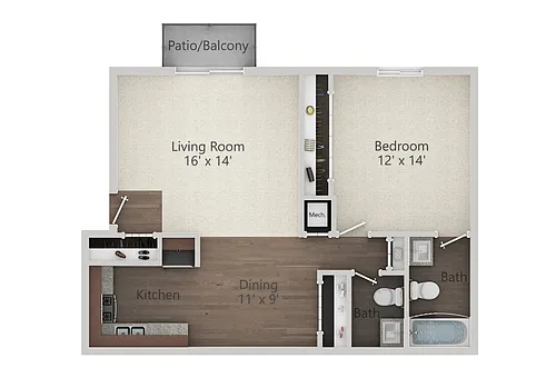 Floor plan 1 Bedroom 1.5 Bath