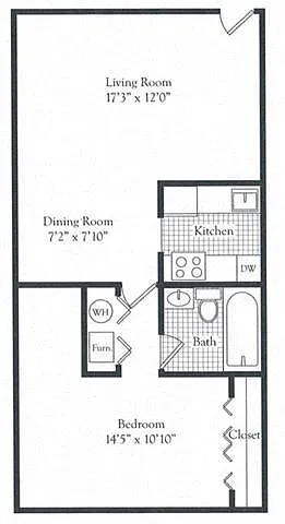 Floor plan 1Bed 1Bath Patio 710 sf