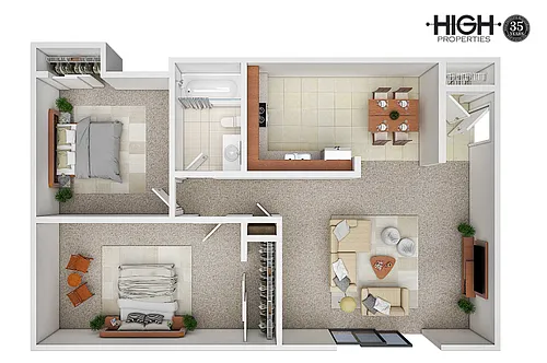 Floor plan 2 Bed / 1 Bath with Patio