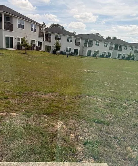 Spacious shared backyard/green area behind the townhomes, offering open lawn space for outdoor relaxation.