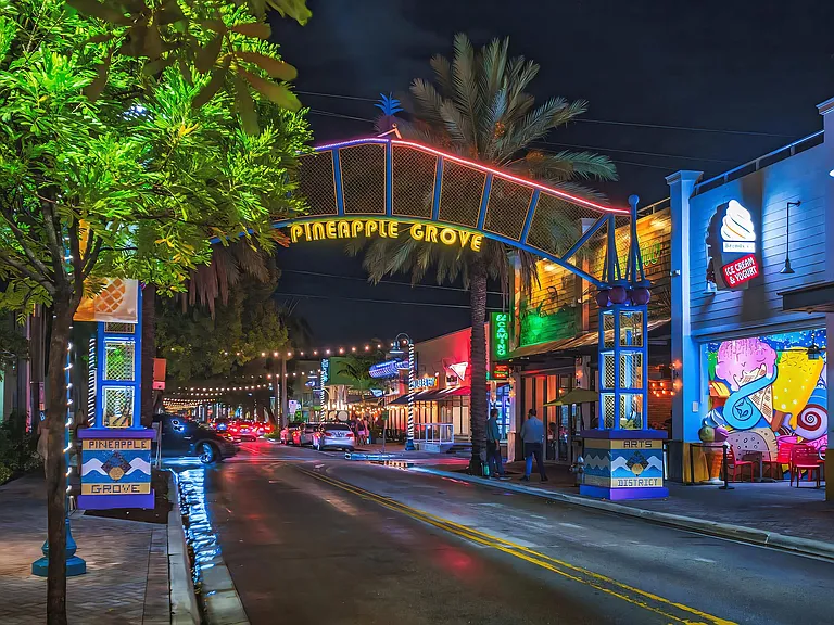 Nighttime View of Pineapple Grove Entrance Near South of Atlantic