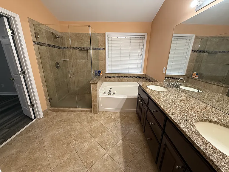 Master Bathroom with dual vanity, tub and shower