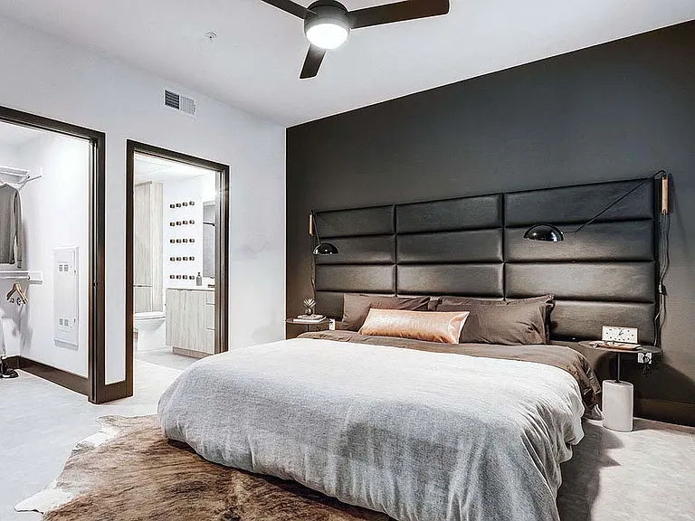 Griffis Platinum Triangle apartment bedroom with closet and attached bathroom