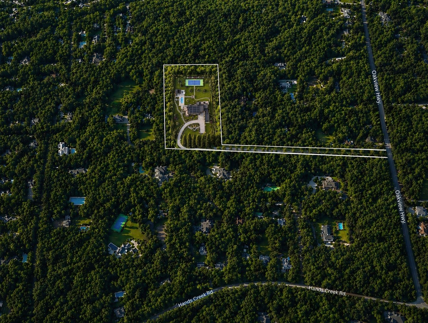  Private flag-lot aerial showcasing a secluded East Hampton setting off Oakview Highway.
