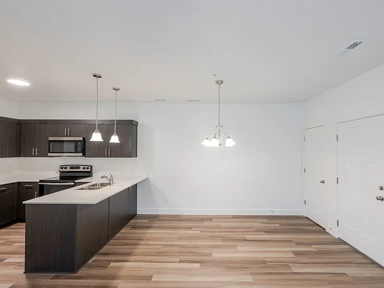 Dining room with chandelier, coat closet, and front door on the left.