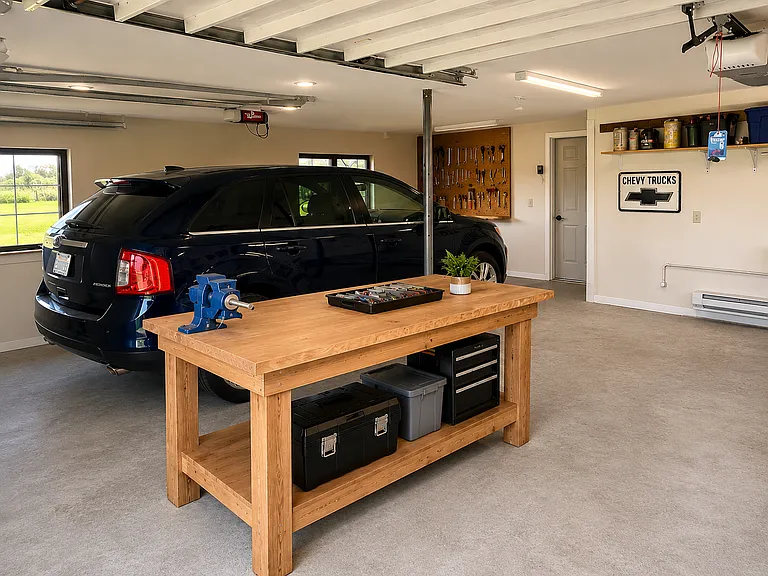 Spacious Two-Car Garage with Built-In Workbench