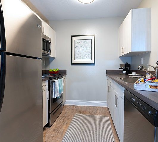 Fully Equipped Kitchen with SS appliances dishwasher, oven, range, and microwave.