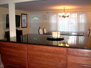 Kitchen view into dining area