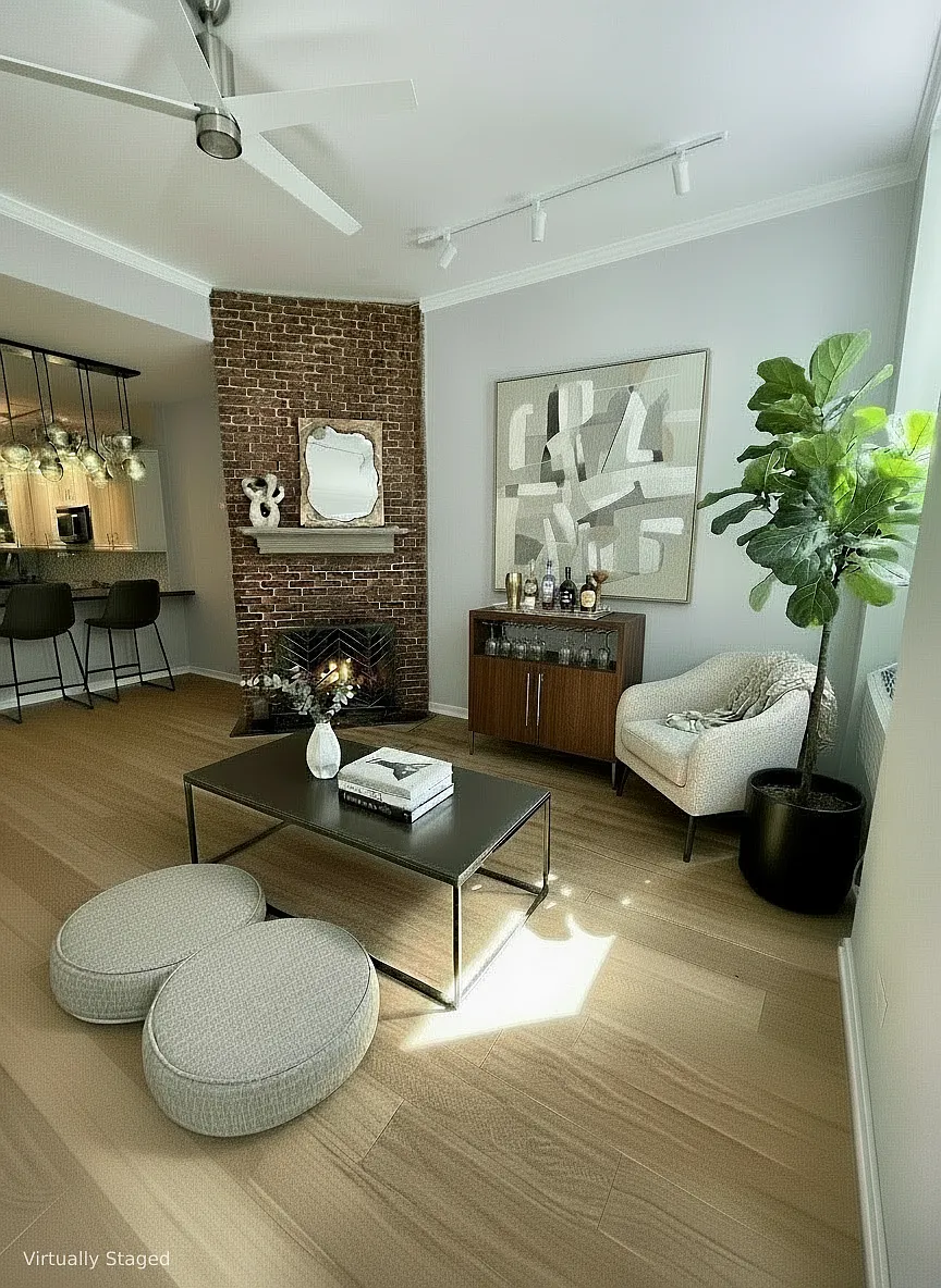 living room opposite angle. there is plenty of space for a dining table to the left. see next photo. working fireplace! - 222 Grand St #1H