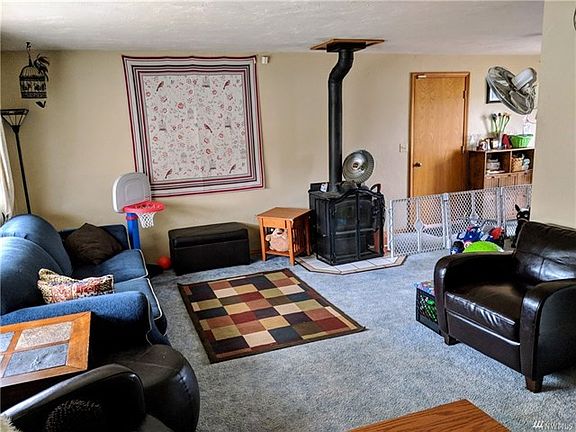 Living room showing wood stove