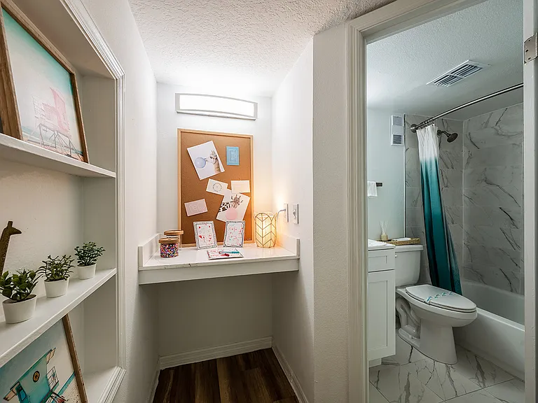 Built-in desk nook with convenient bathroom access