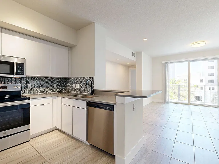 Apartment Kitchen with Stainless Steel Appliances, Dining and Living Room with Wood-Style Flooring.
