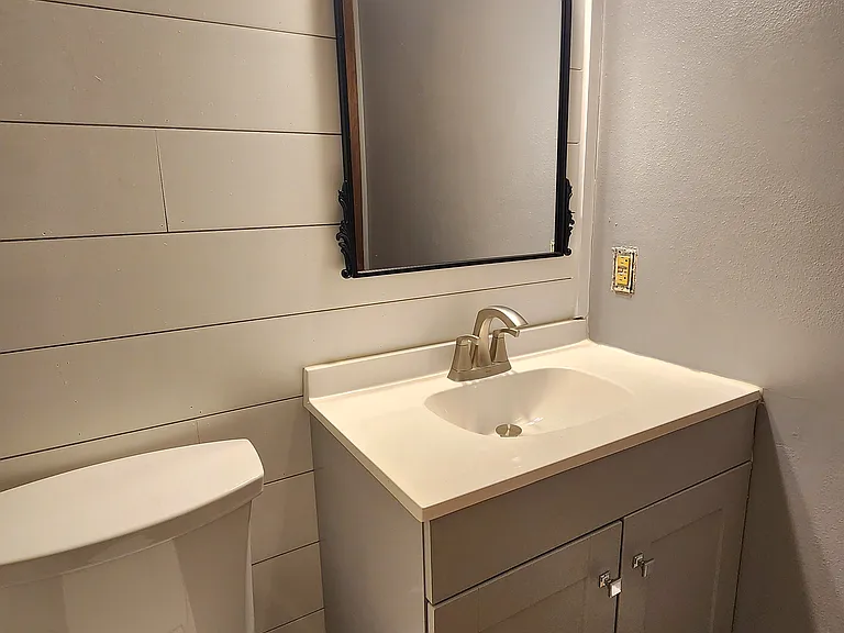 New Vanity and Mirror to go along with White Shiplap wall. New toilet