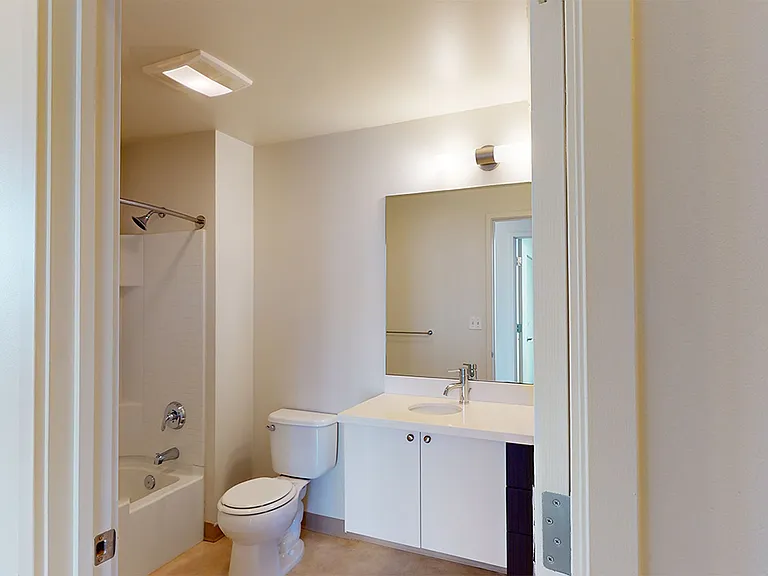 Apartment bathroom with wood-style flooring.