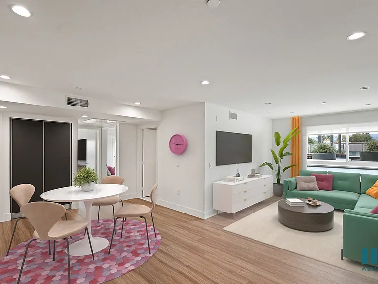 Dining and Living Room with Large-Size Windows and Built-In Storage Cabinets