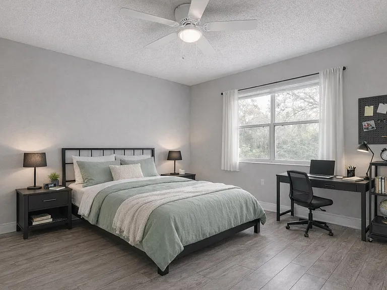 Bedroom setup includes full size bed and mattress, night stands, lamps, student desk with lamp, and dresser.
Tenants responsible for linens