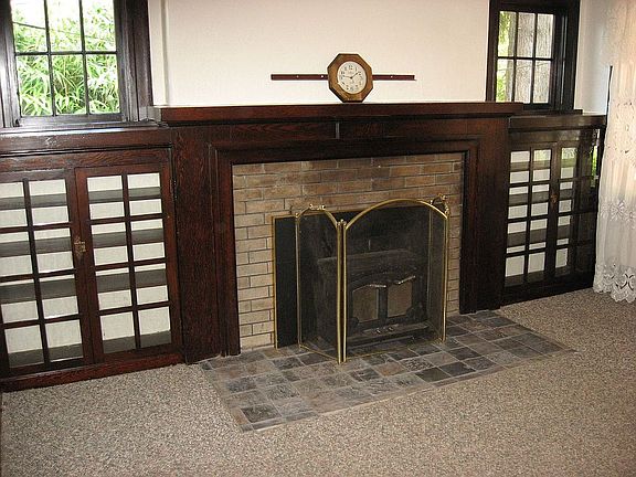 Woodstove insert & Built in bookcase
