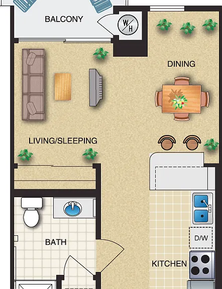 Studio 1 Bath 479 Sq. Ft. Floorplan Diagram