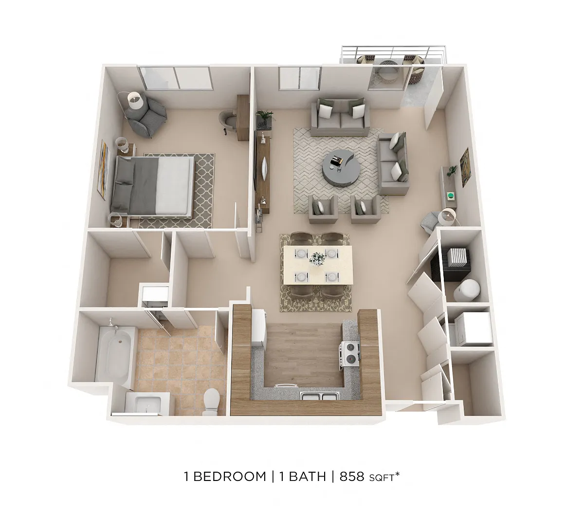 Floor plan One Bedroom- 858 sqft